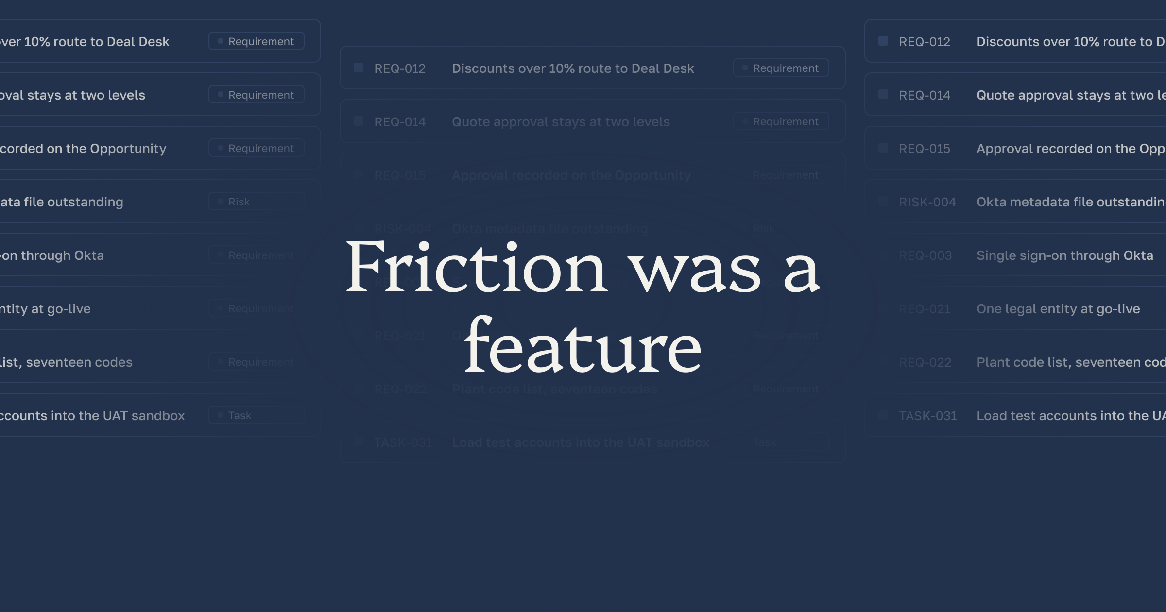 The title centred on a deep blue ground over faint requirement rows that fade out under the words.